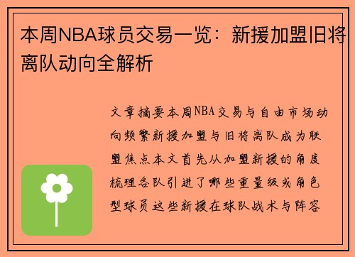 本周NBA球员交易一览：新援加盟旧将离队动向全解析